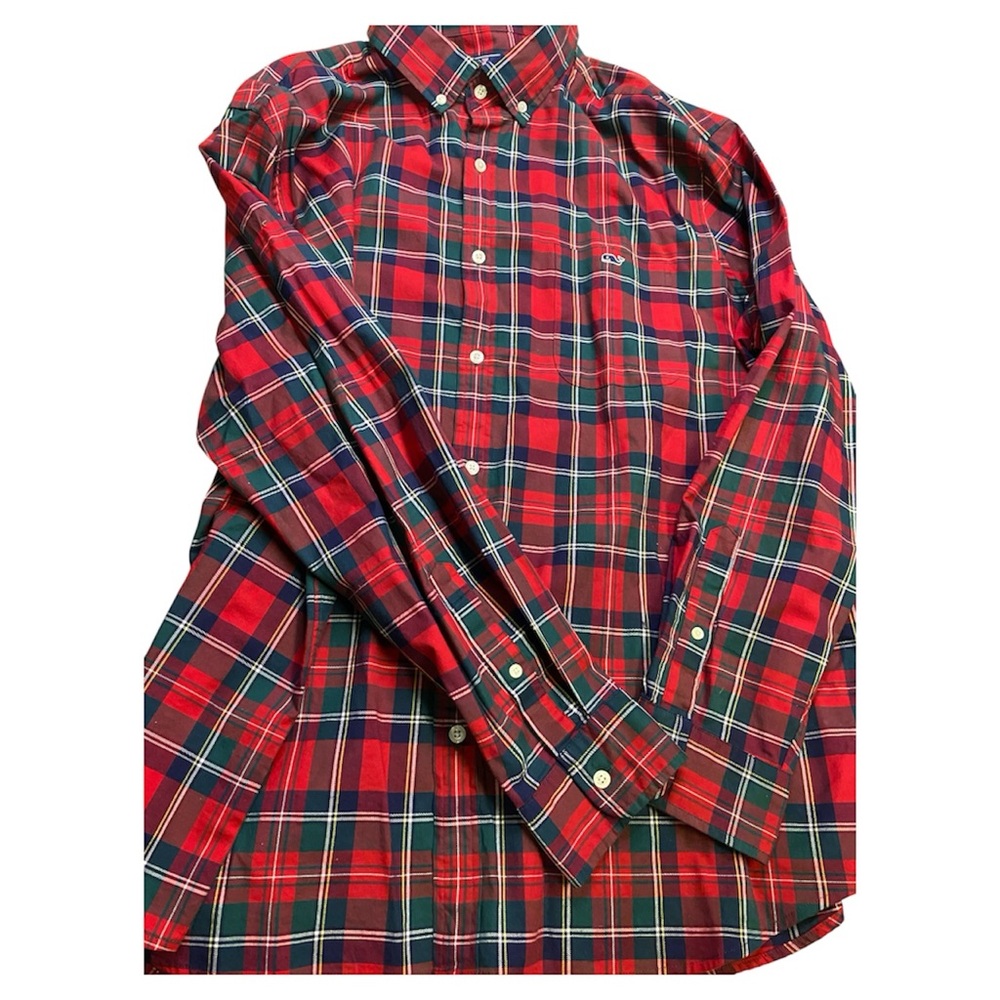 Vineyard Vines Men's Red and Blue Checkered Shirt